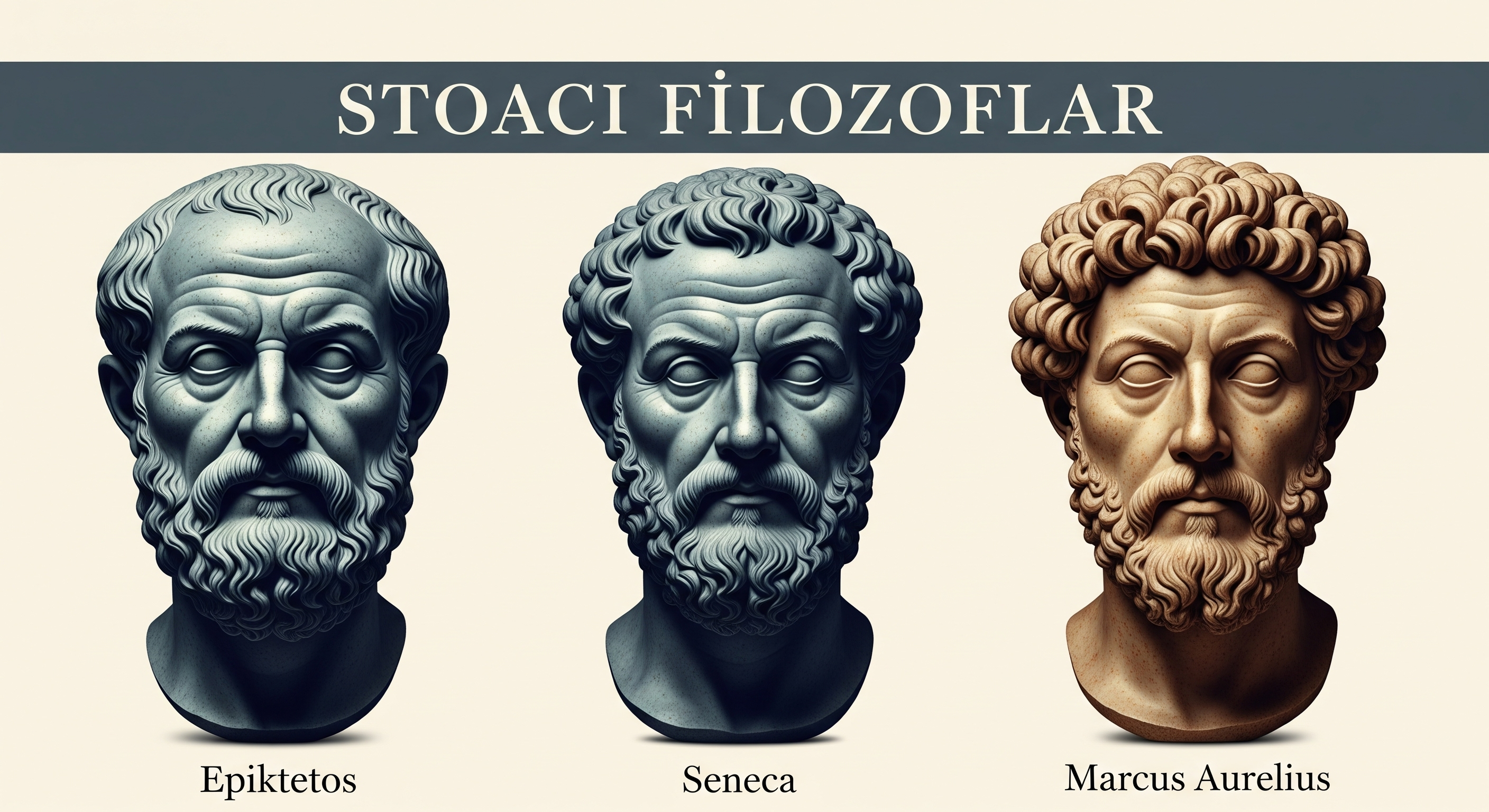 Epiktetos, Seneca ve Marcus Aurelius'u temsil eden bir çizim